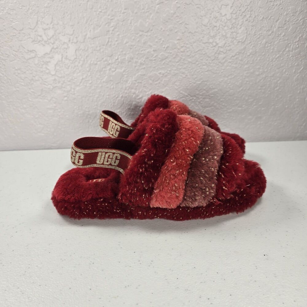 Ugg Kids Fluff Yeah Slippers Youth 5 Metallic Sparkle Red Slinkback